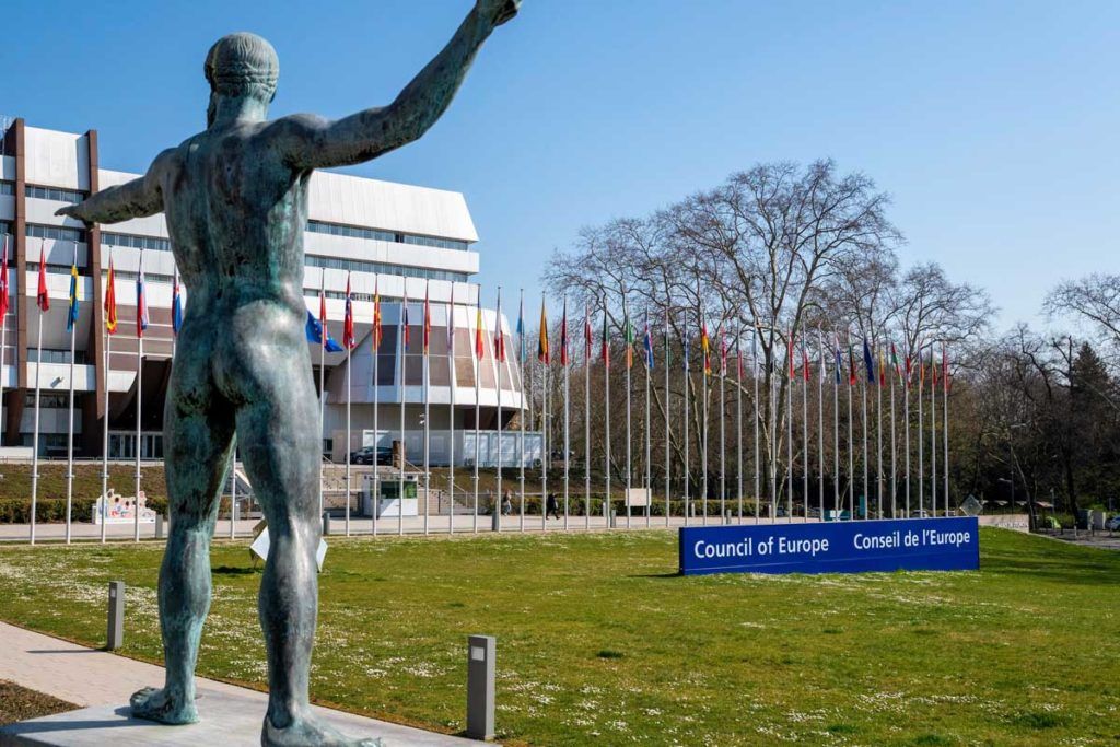 Gardens of the Council of Europe with the European flags