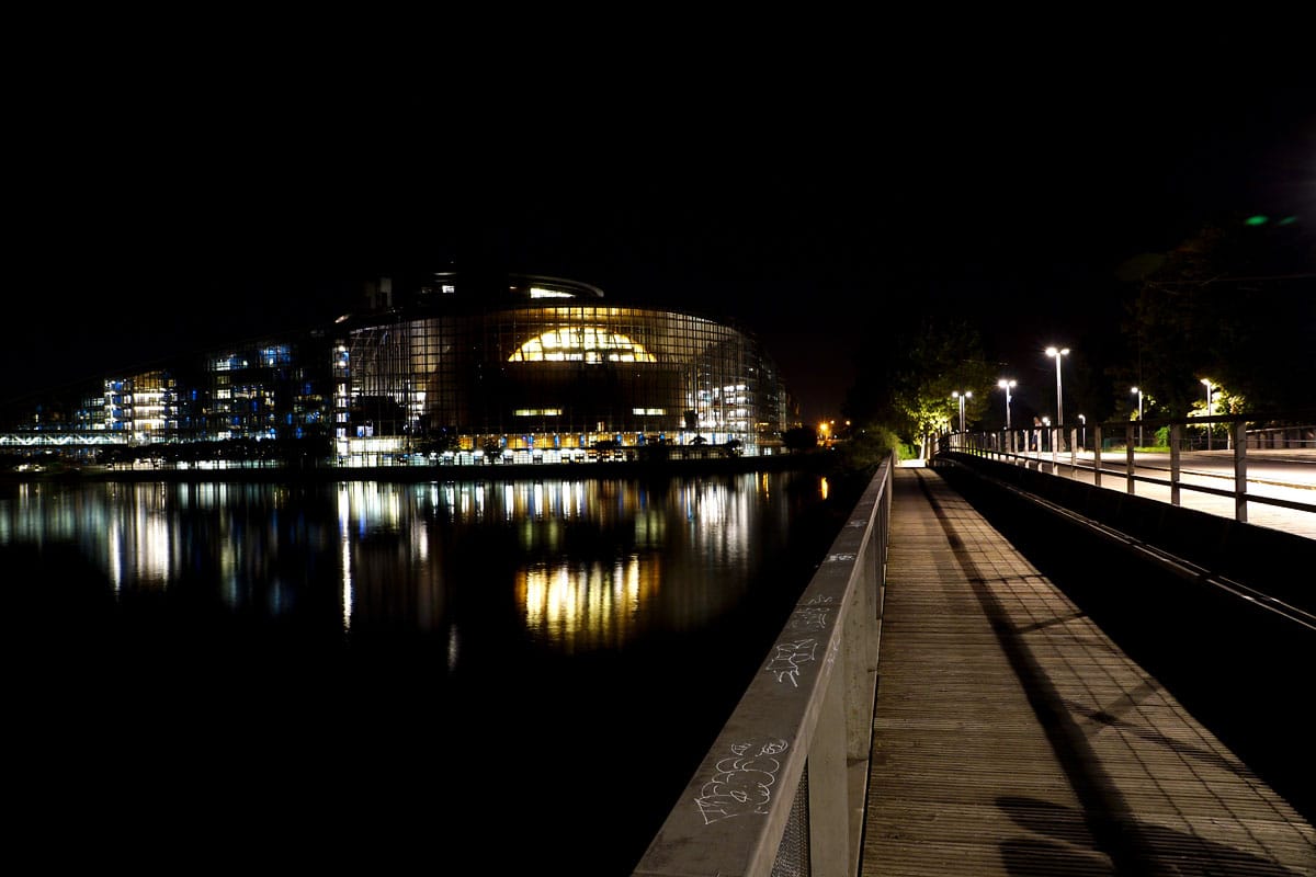 Strasbourg European Parliament by night near the tramway station