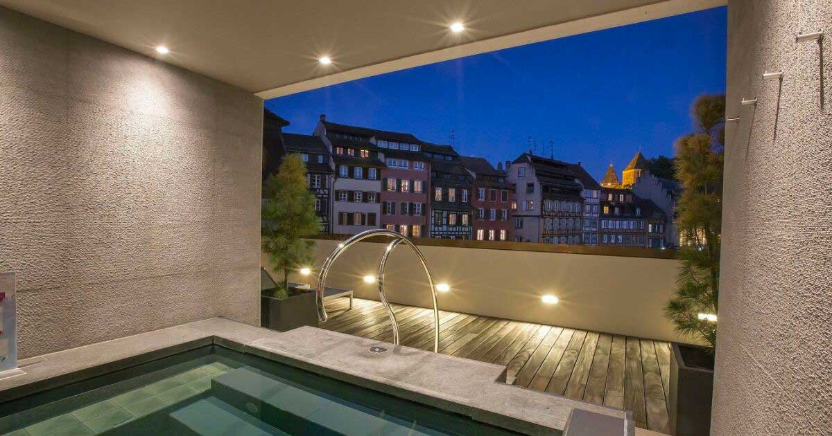 View from a pool on half-timbered houses in Strasbourg 