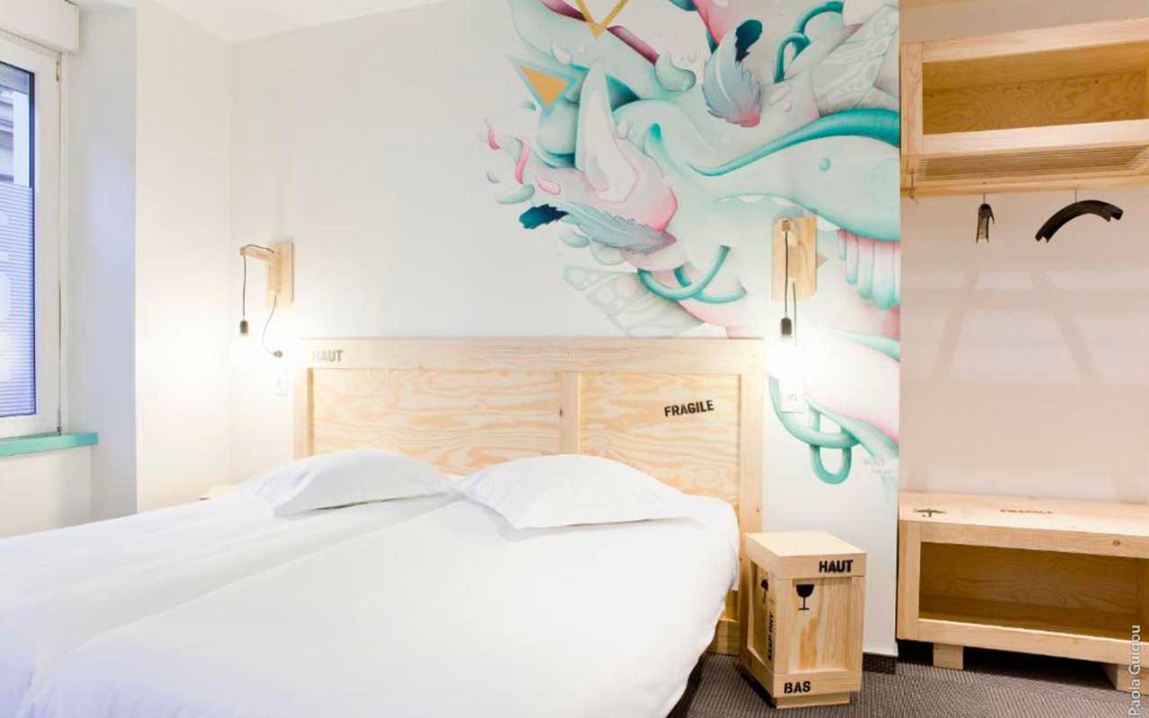 Room decorated by a local artist at the Graffalgar Hotel in Strasbourg.