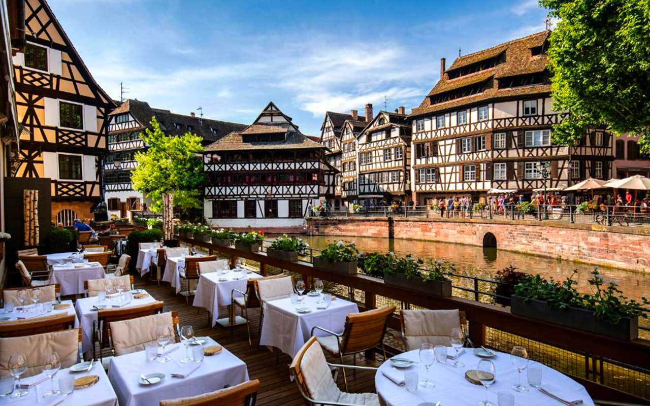 View of Alsatian houses from the restaurant of the Regent Hotel & Spa.