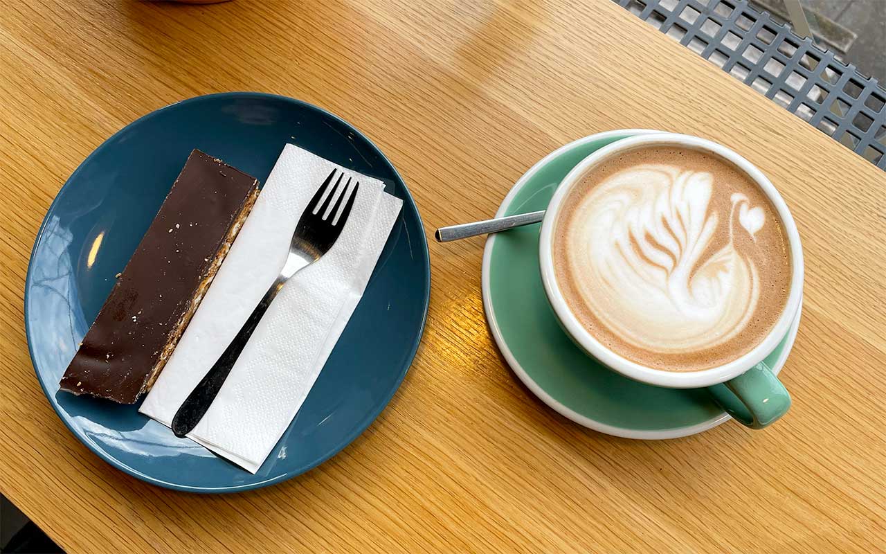 Delicious Moccaccino with a bretzel cake at Coffee Stub in Strasbourg